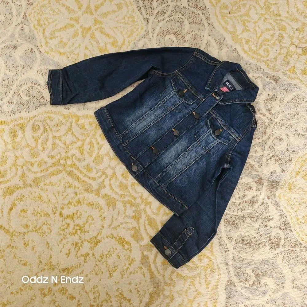 Childrens Place Dark Blue Denim Jacket M 7/8 girl Long Sleeve Button Up With Poc